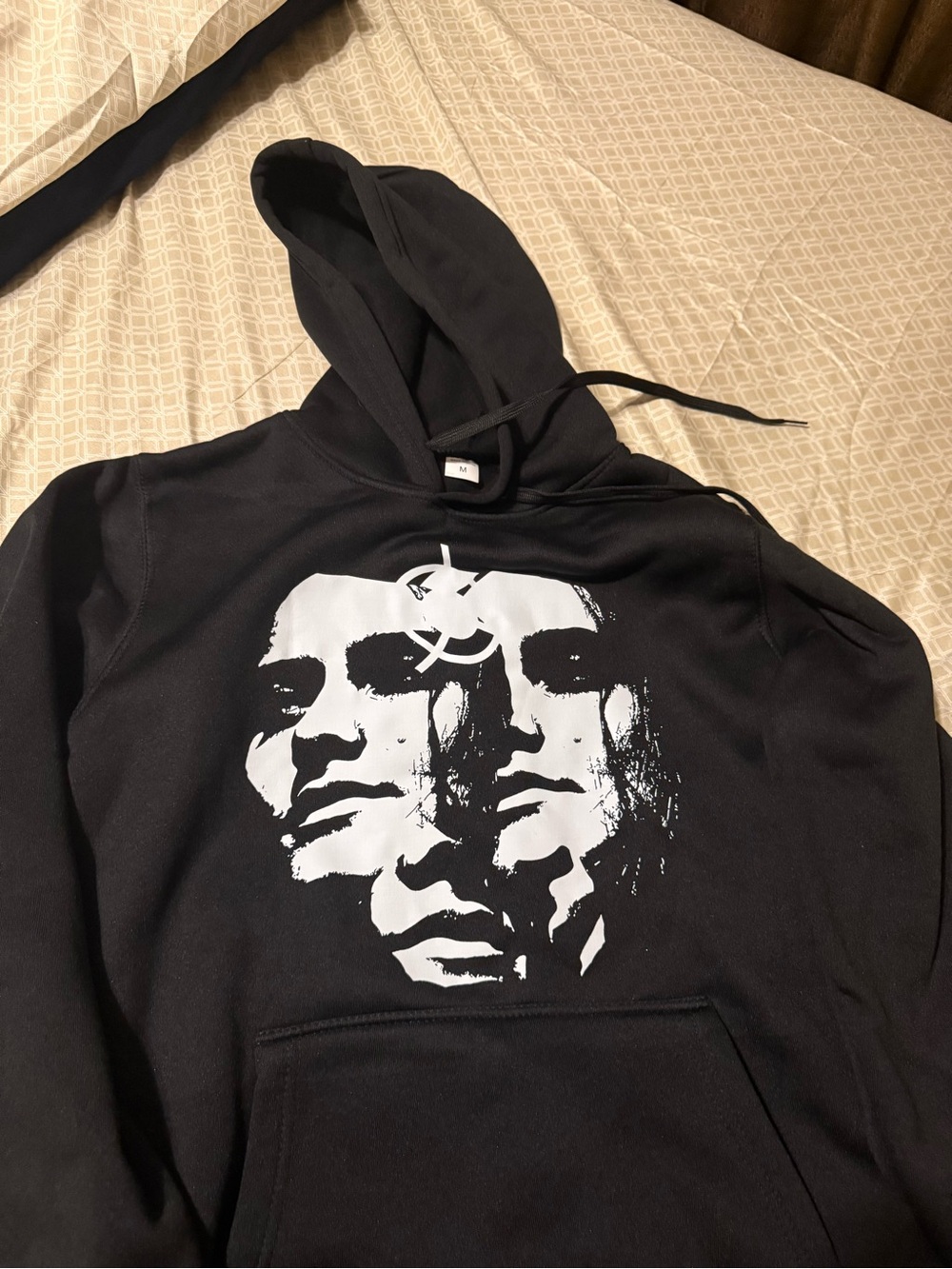 Black Graphic Pullover Hoodie with White Face Print medium unisex send offers